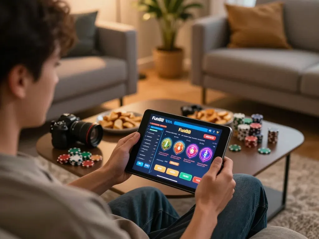 Fun88 user engaging in online gambling with tablet in inviting home setting.