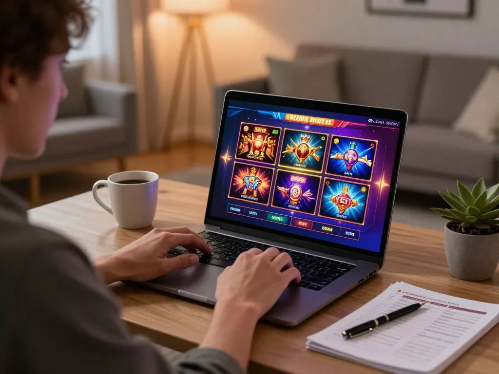Engaging scene of an individual enjoying slot online gaming on a laptop at home with strategy notes.