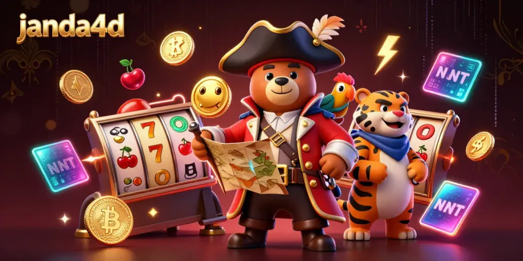 JANDA4D menampilkan beruang kapten bajak laut berdiri dengan simbol slot dan koin cryptocurrency di sekitar