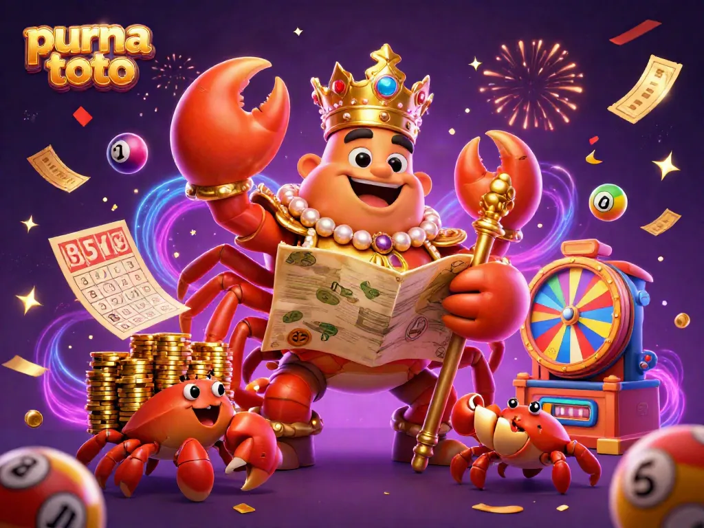 Menggenggam hadiah besar di purna toto, raja kepiting emas dan pelayannya membawa koin emas dalam suasana meriah