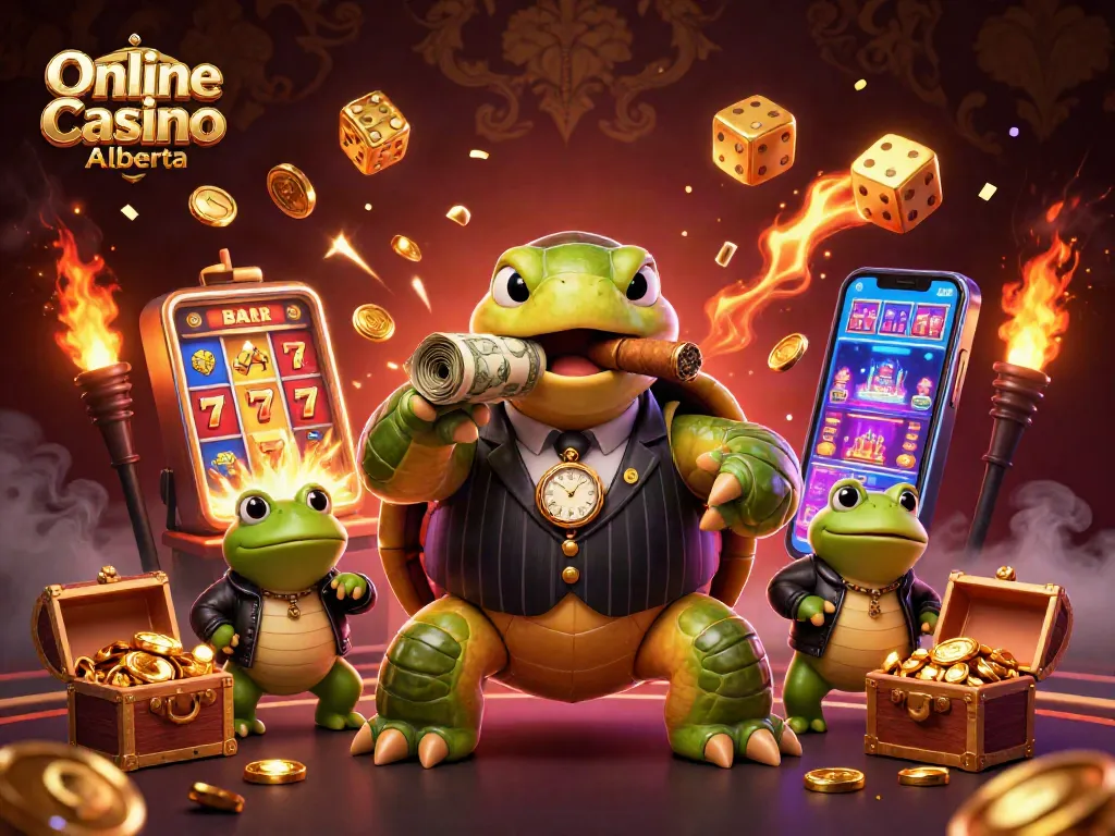 Play slots and win big with Online Casino Alberta in an engaging 3D scene filled with vibrant characters.