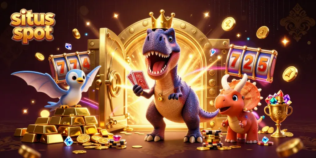 Menangkan permainan slots di situs slot dengan karakter kartun T-Rex dan teman-temannya.