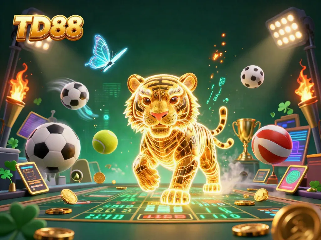 Engage in thrilling TD88 online gaming adventures with a dazzling neon tiger in a vibrant digital casino.