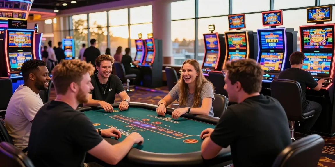 High-energy casino scene featuring players at credit card casinos surrounded by vibrant lights and engaging games.