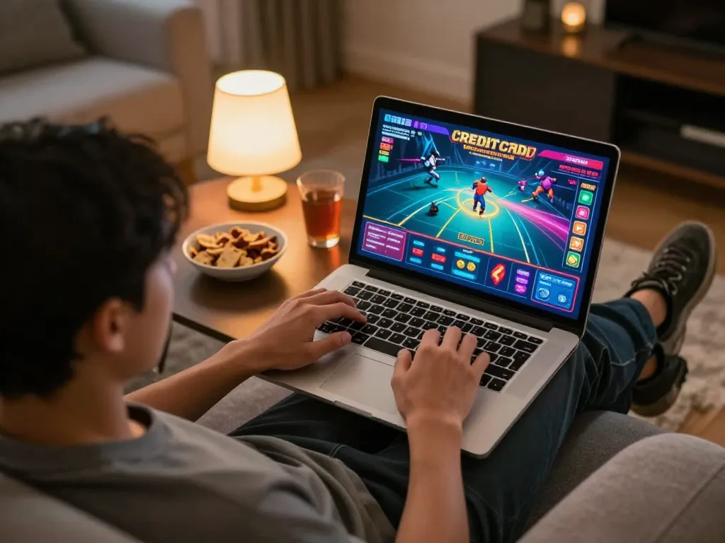 Engaging home gaming session at a credit card casino, player focused on laptop screen with vibrant graphics