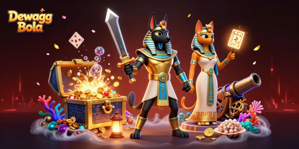 Dewagg Bola showcasing an Egyptian theme with Anubis and treasure elements for a gaming experience.