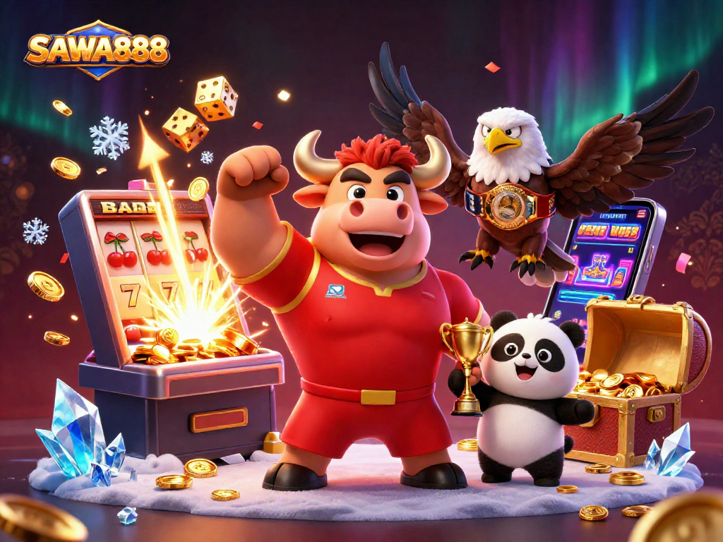 SAWA888 offers exciting slots with the muscular bull mascot celebrating a jackpot victory.