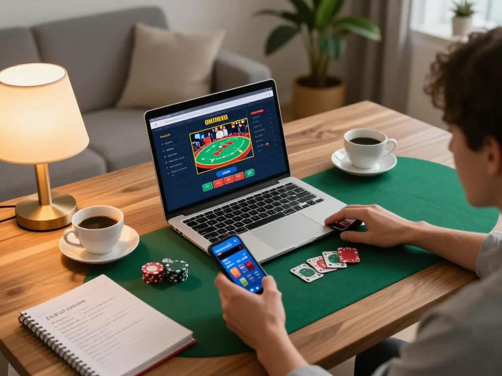 Enjoying gameplay at a credit card casino on a laptop with coffee and strategy notes.
