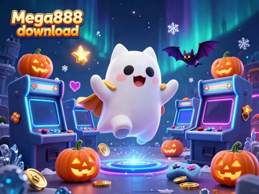 Experience mega888 download action with a ghost cat and vampire bat in a vibrant haunted casino.