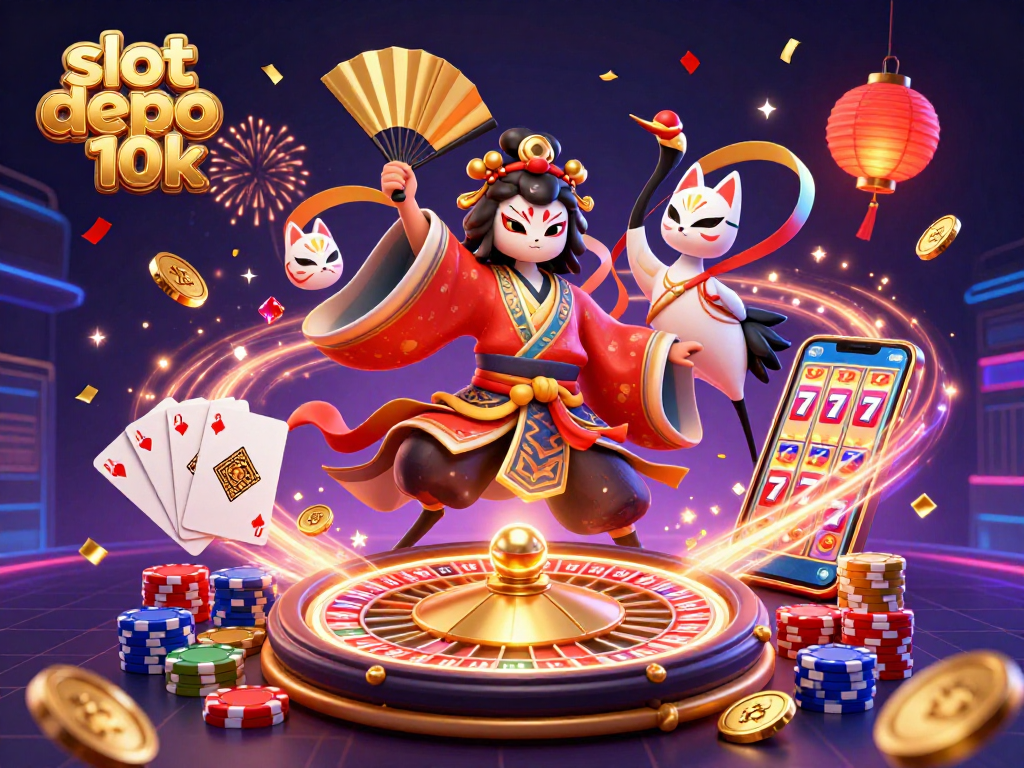 Experience thrilling gameplay with slot depo 10k featuring vibrant characters, coins, and roulette in a casino setting.