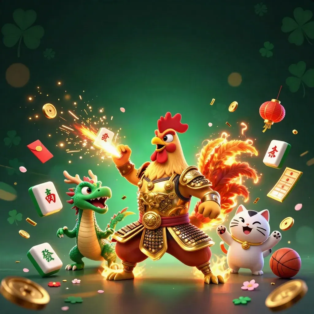 Rooster warrior, dragon hatchling, and fortune-cat burst through casino luck symbols in neon light.