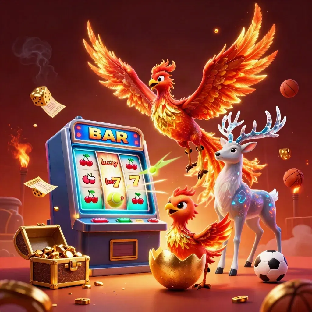Phoenix, stag, slot machine and tennis ball exploding in neon casino fantasy
