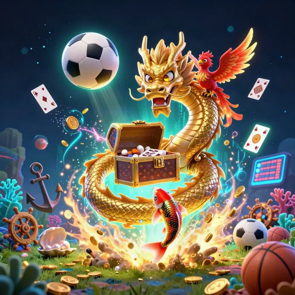 Dragon treasure cove with phoenix and koi amid arena football action, coins, coral, and neon effects