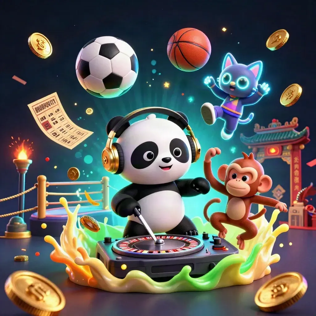 Neon casino art with panda DJ, dancing monkey, glow-stick kitten, balls and coins.