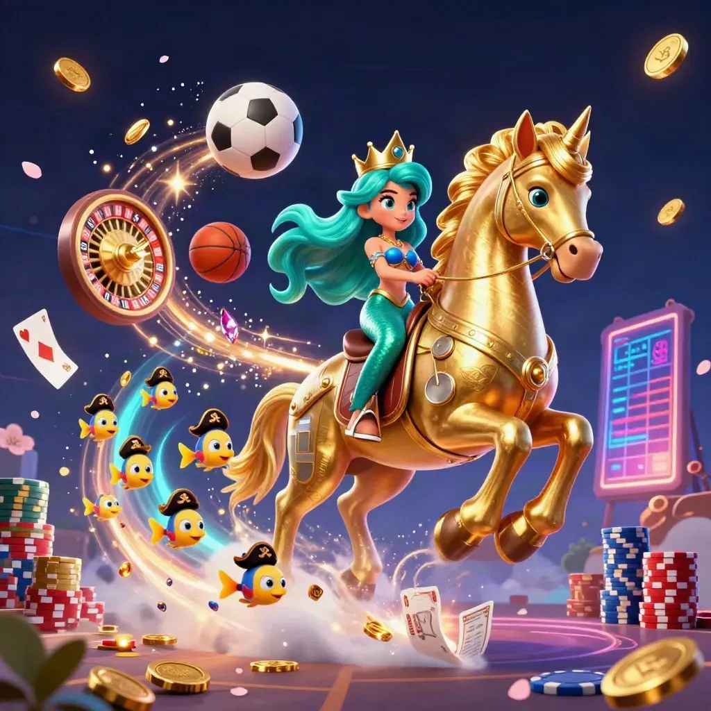 Mermaid princess on a golden seahorse amid casino icons, coins, cards, chips, and neon spray.