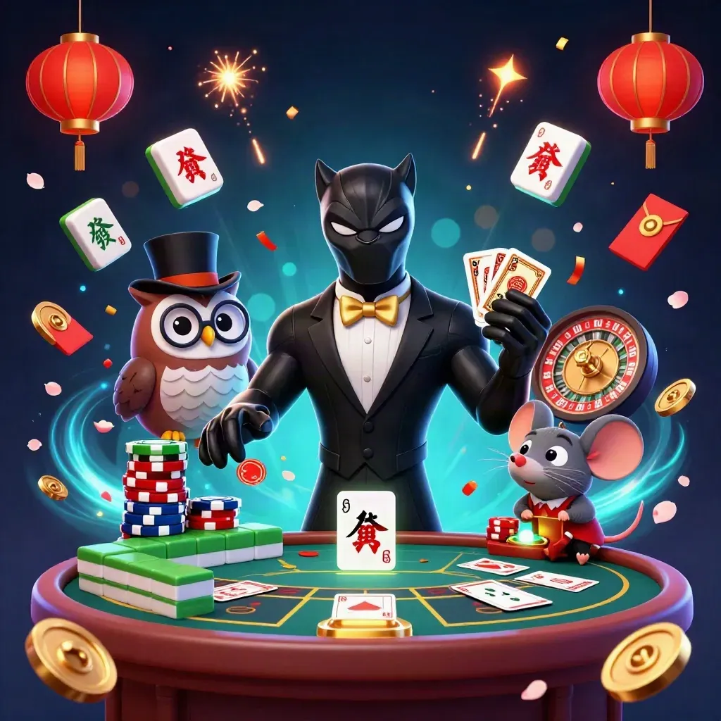 Panther, owl, and mouse in a luxe casino scene with lanterns, coins, fireworks, and glowing effects.