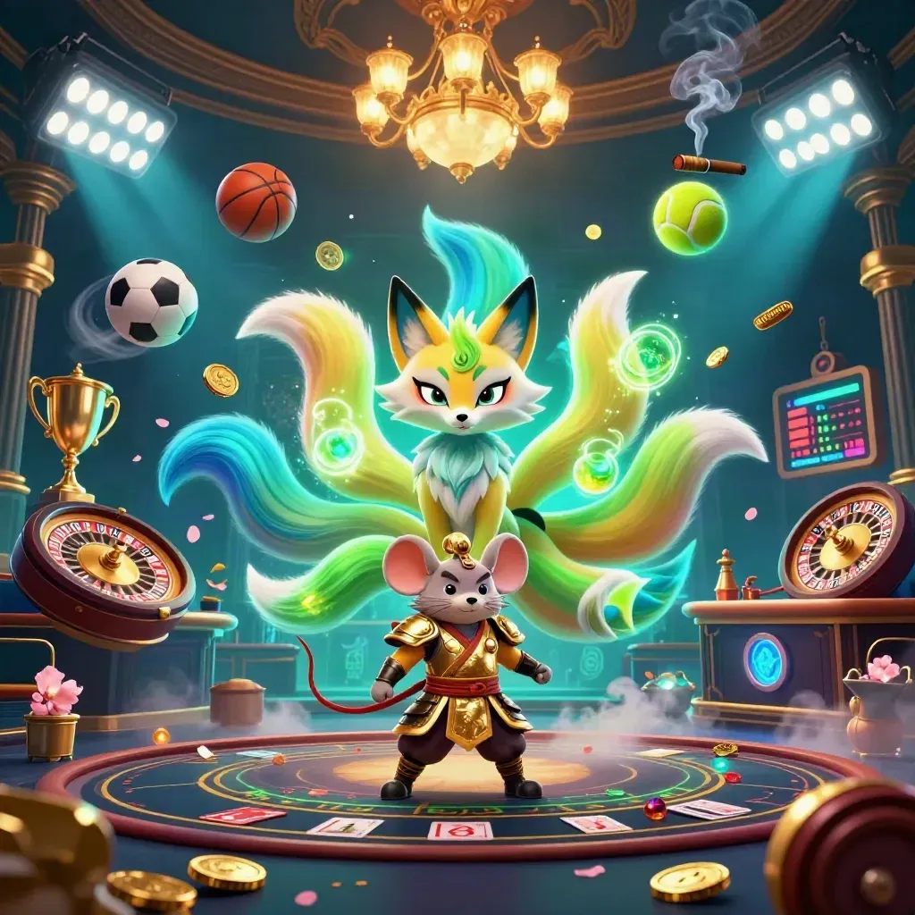 Neon fox spirit and armored mouse in a luxe casino lounge with flying sports balls and gold light.