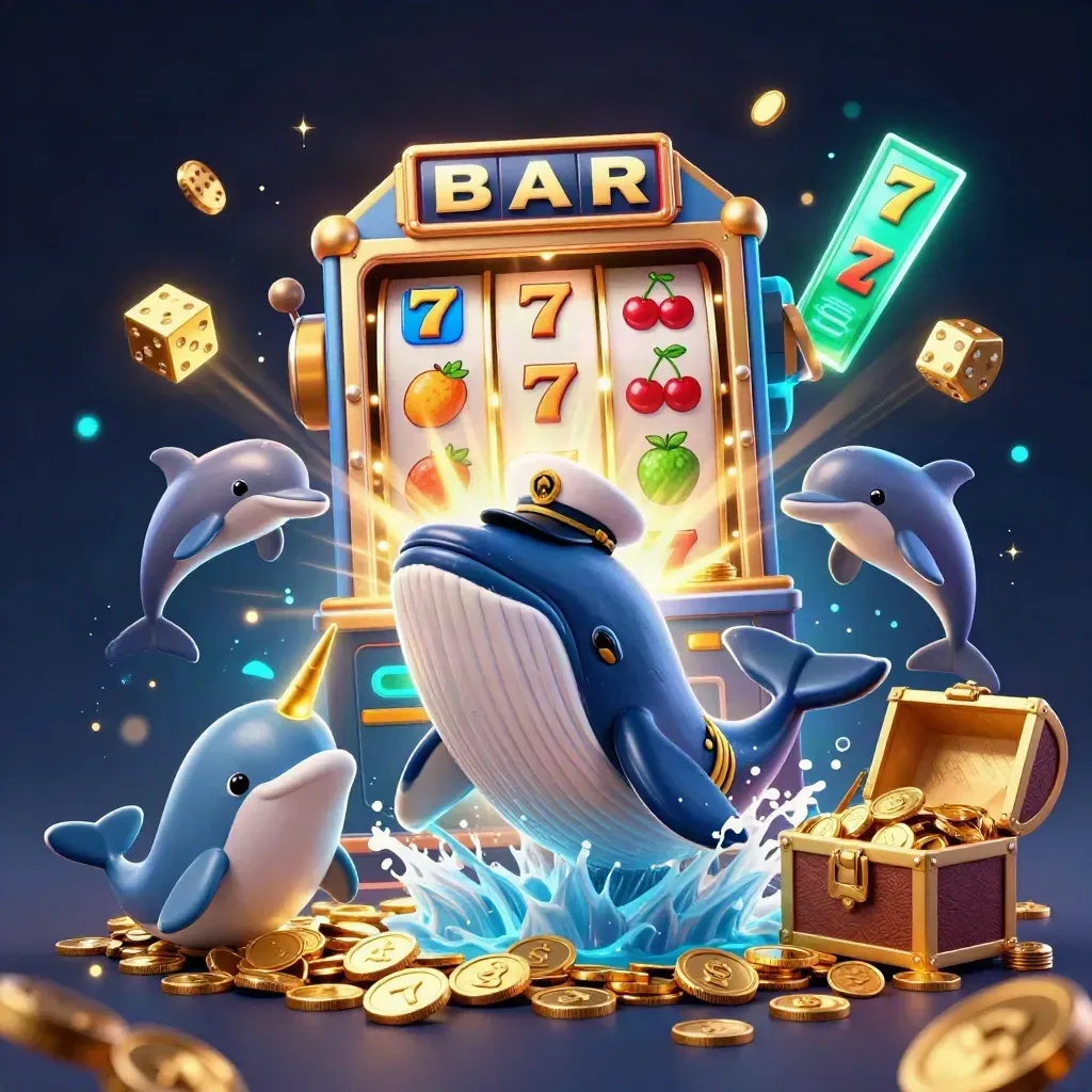 Whale captain, narwhal, and dolphins burst through coins with a slot machine and gold treasure.