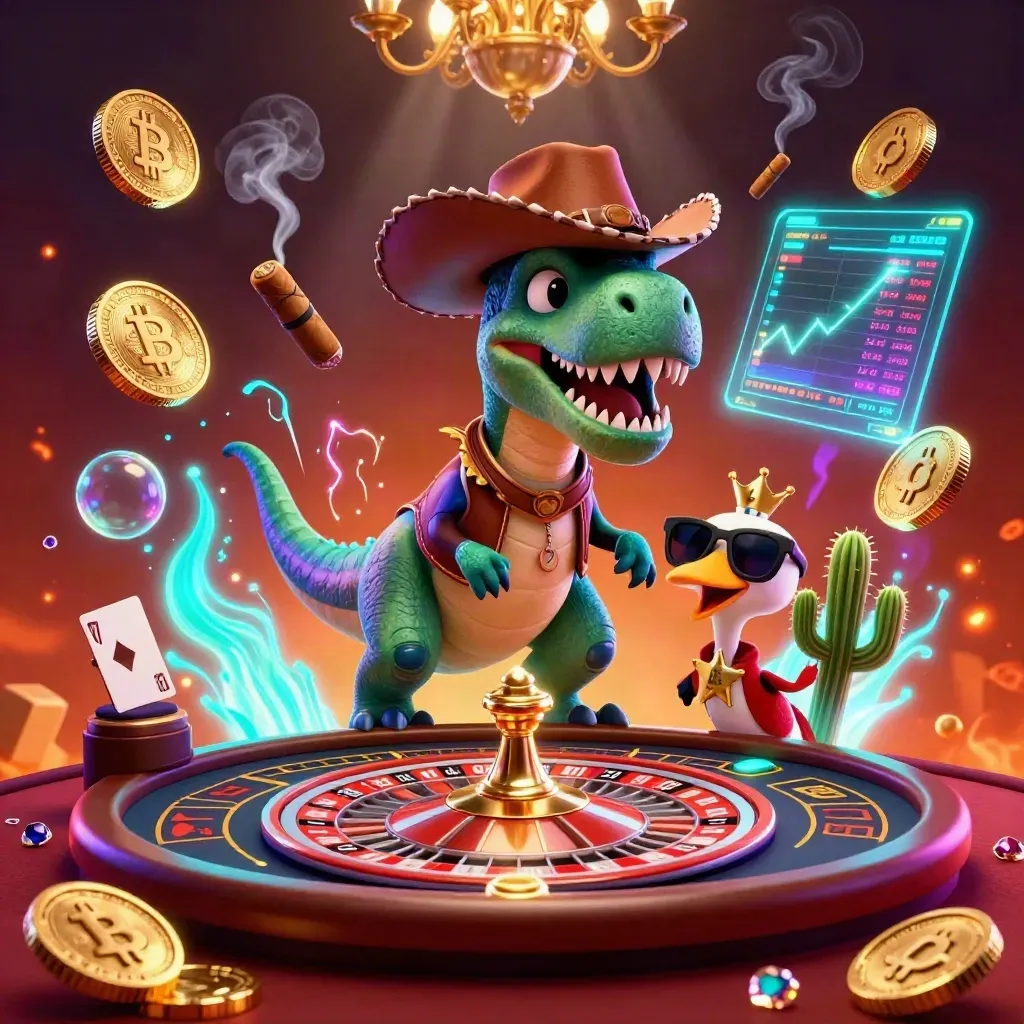 Cowboy T-Rex, cactus sidekick, and roadrunner in a luxe neon casino with coins and a spinning wheel.