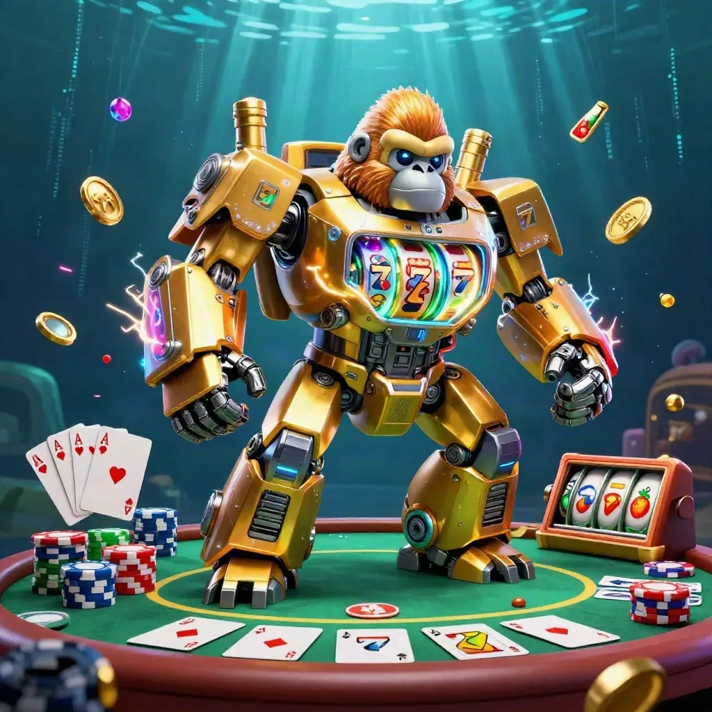 Golden gorilla mech with tiny pilot blasting chips, cards, and neon energy in an underwater casino scene.
