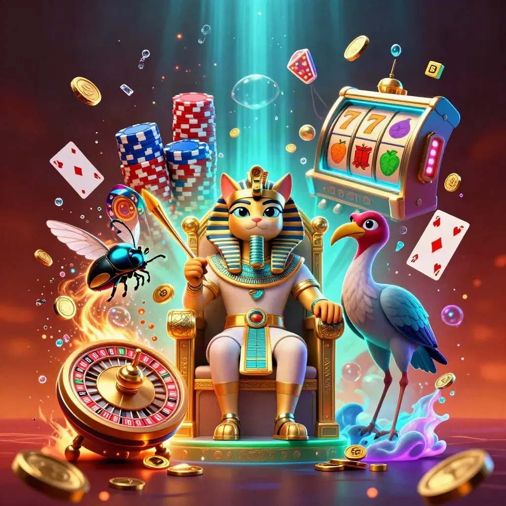 Pharaoh cat on throne with ibis scribe, scarabs, coins, gems, chips, and roulette energy.