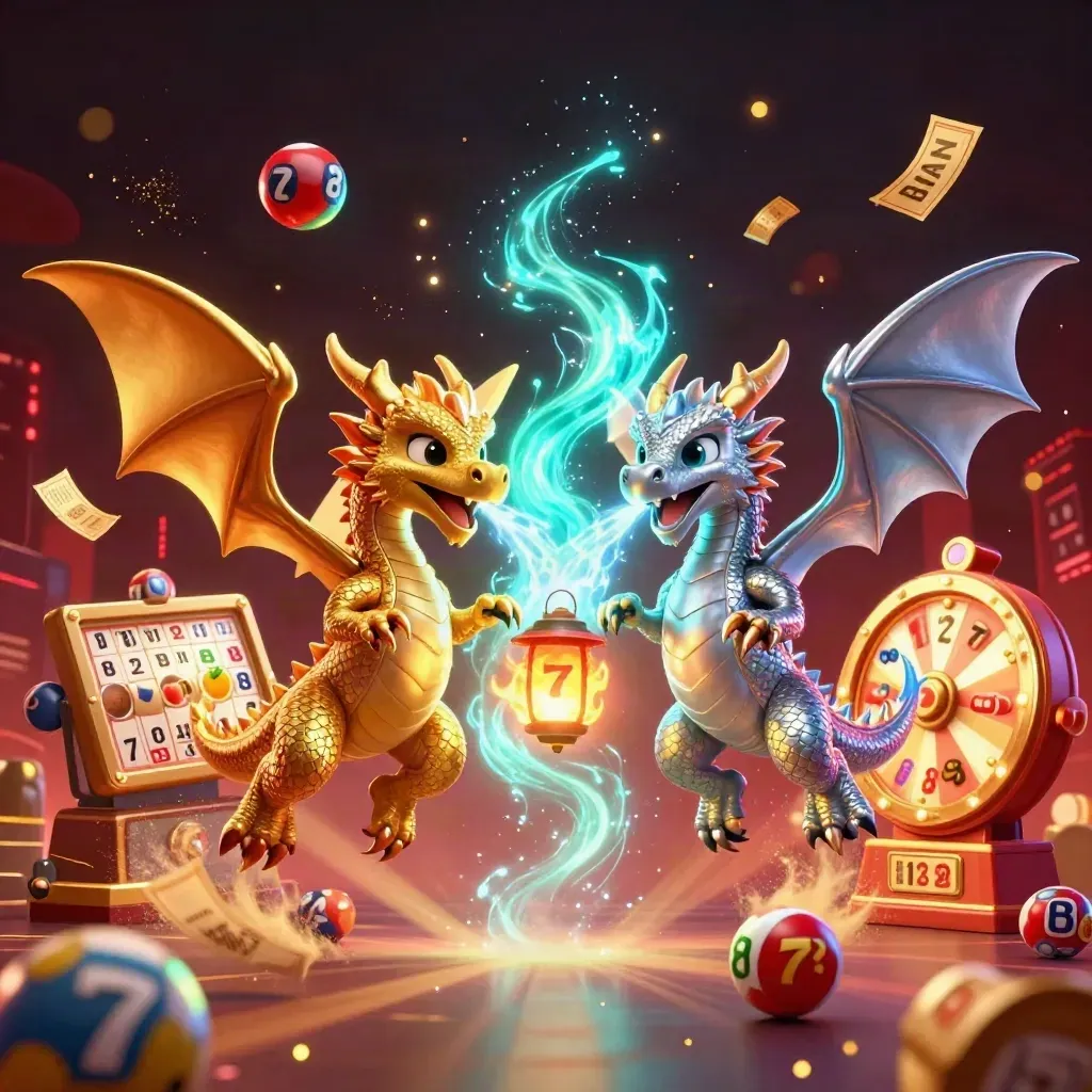 Gold and silver dragons spiral with a tiny lantern spirit amid casino prizes and cyan fire-ice glow.
