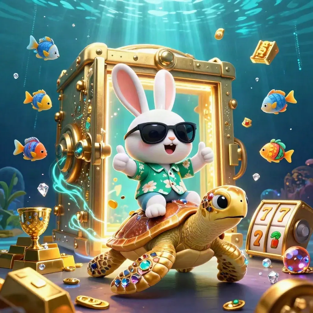 Lucky rabbit rides a gem-shell sea turtle amid bursting treasure in a neon underwater casino scene.