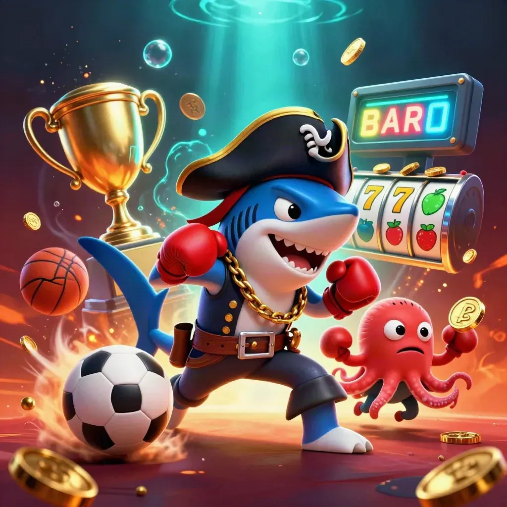 Pirate shark, boxing pufferfish, and coin-juggling octopus amid casino sports and neon cyan bursts.