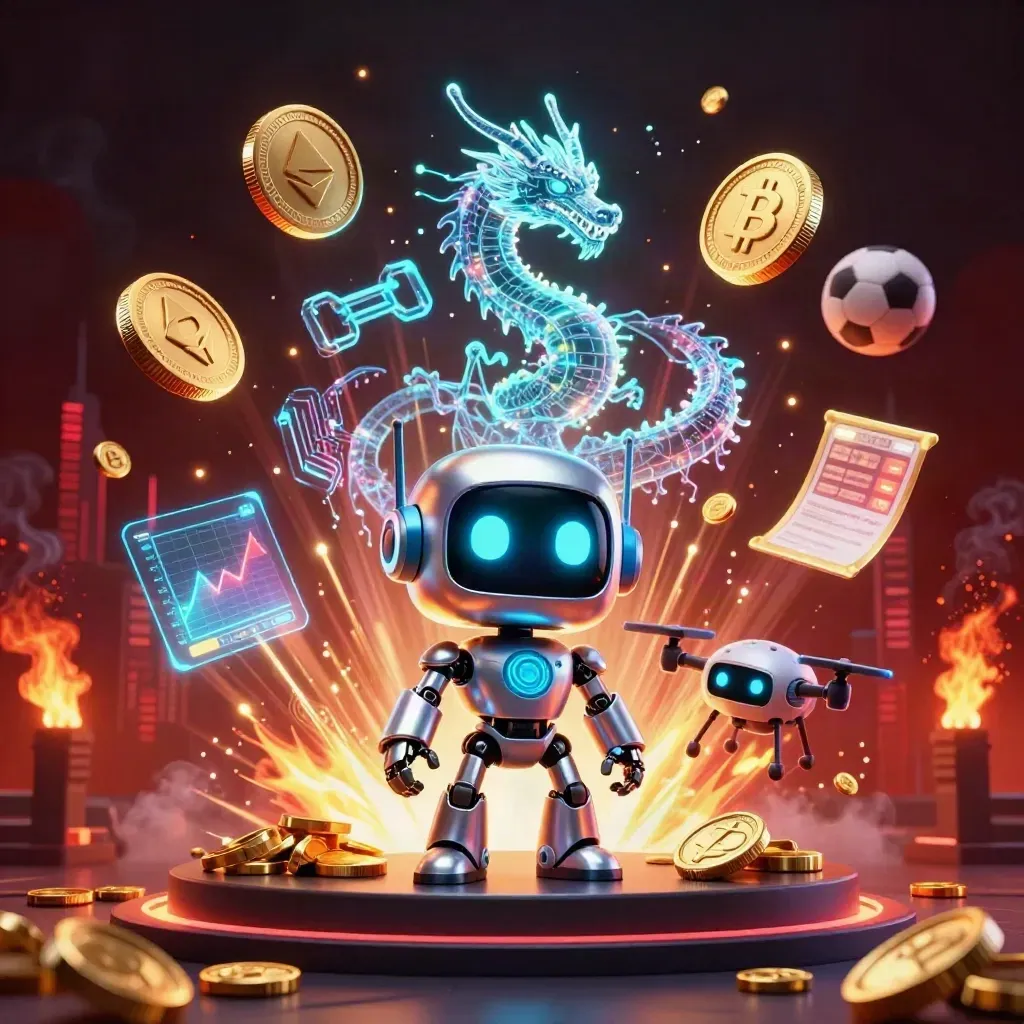 Cyberpunk robot, holographic dragon, and coin drone amid vault burst, neon coins, and fireworks.