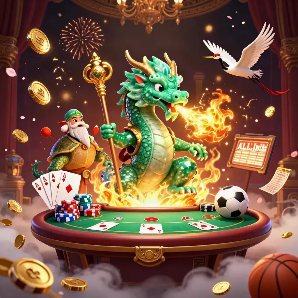 Jade dragon, turtle sage, cranes, coins, vault burst, poker gear, and sports bet icons