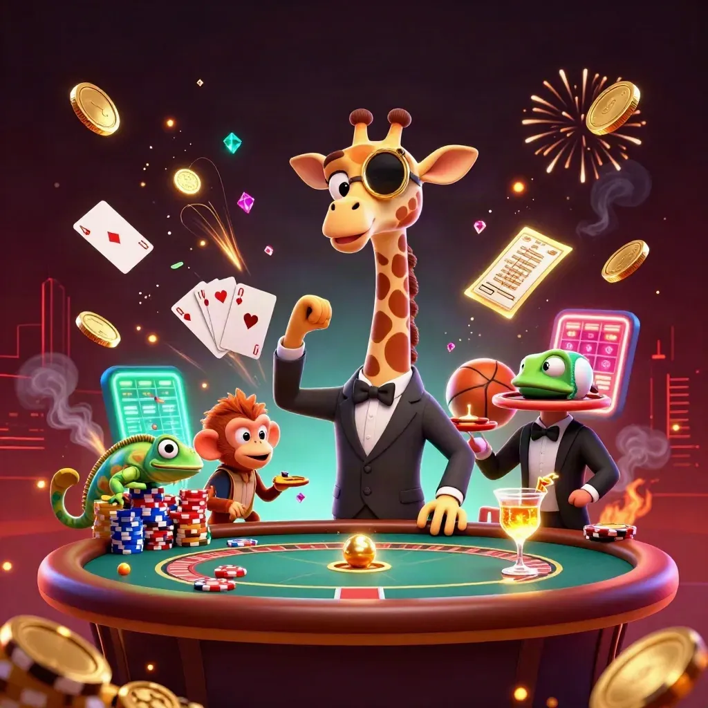 Cartoon giraffe, monkey, and chameleon in a casino burst with coins, chips, cards, and fireworks