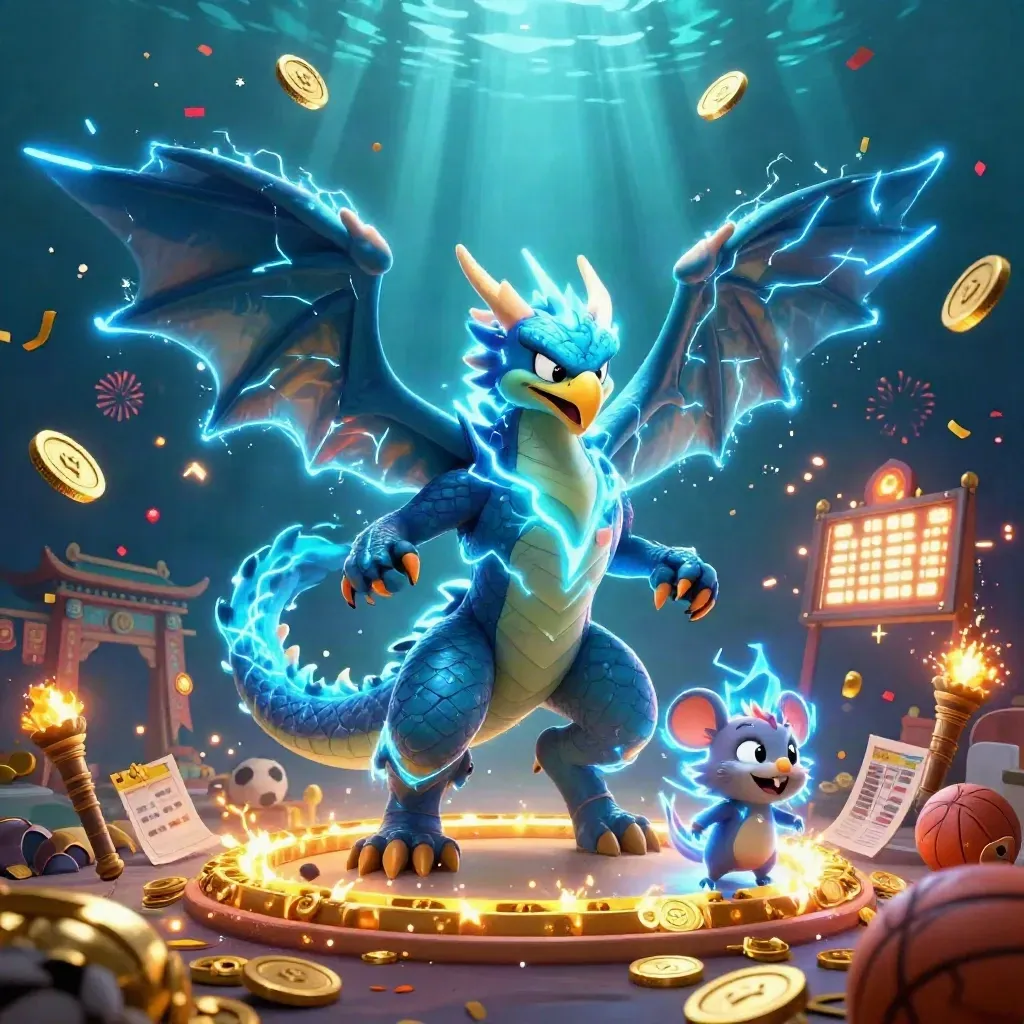 Thunder dragon, wind hawk, and thunder-mouse amid coins, sports gear, fireworks, and neon treasure.