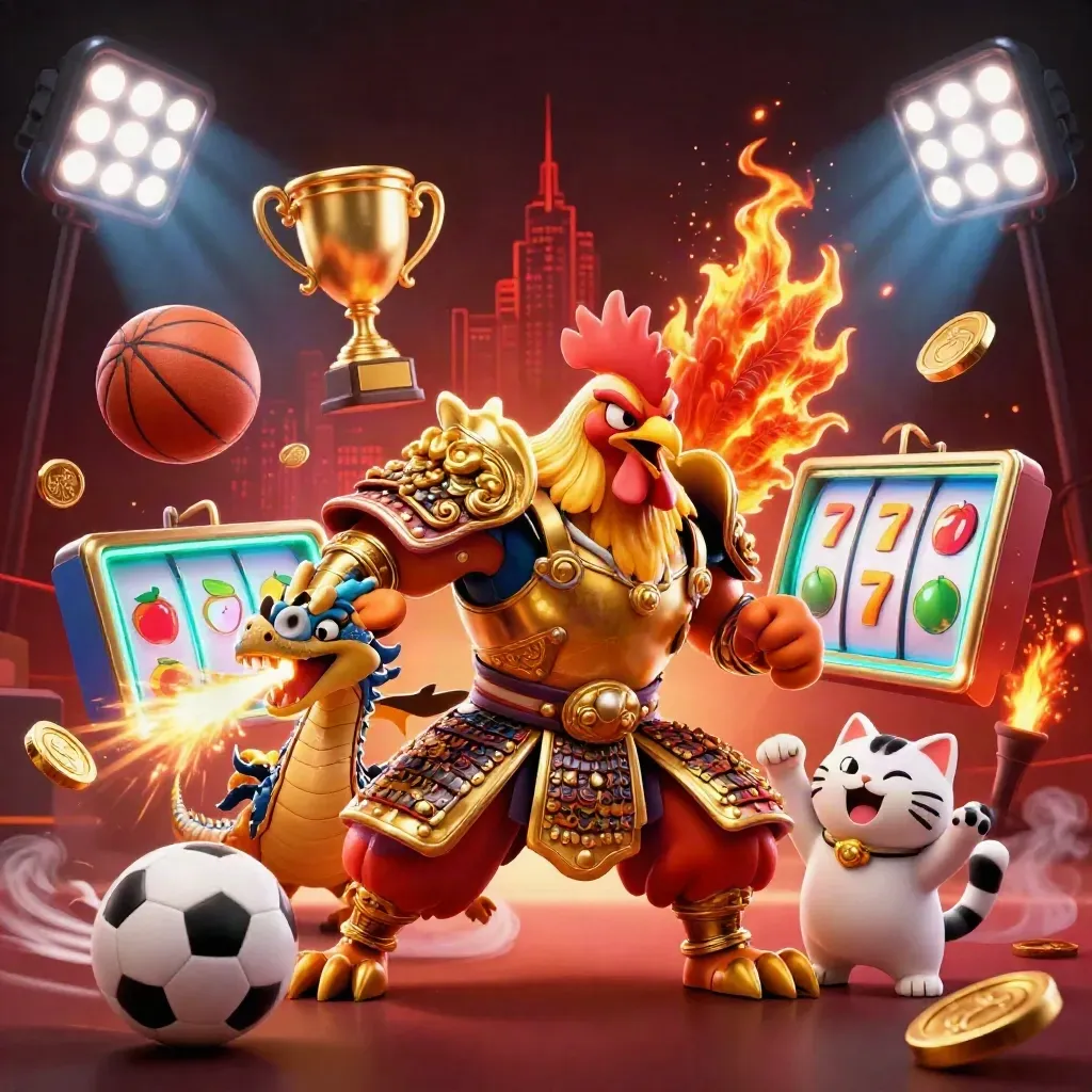 Rooster warrior, dragon hatchling, and fortune cat amid casino sparks and sports balls
