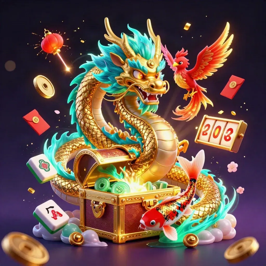 Golden dragon with phoenix and koi amid neon casino symbols, coins, lanterns, and glowing effects