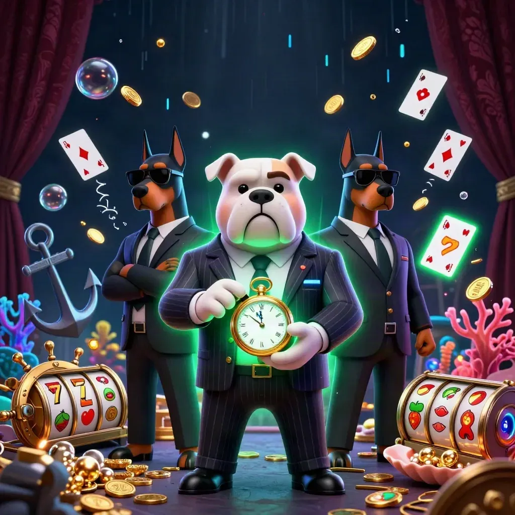Bulldog mob boss with two Doberman guards amid casino treasure and neon effects