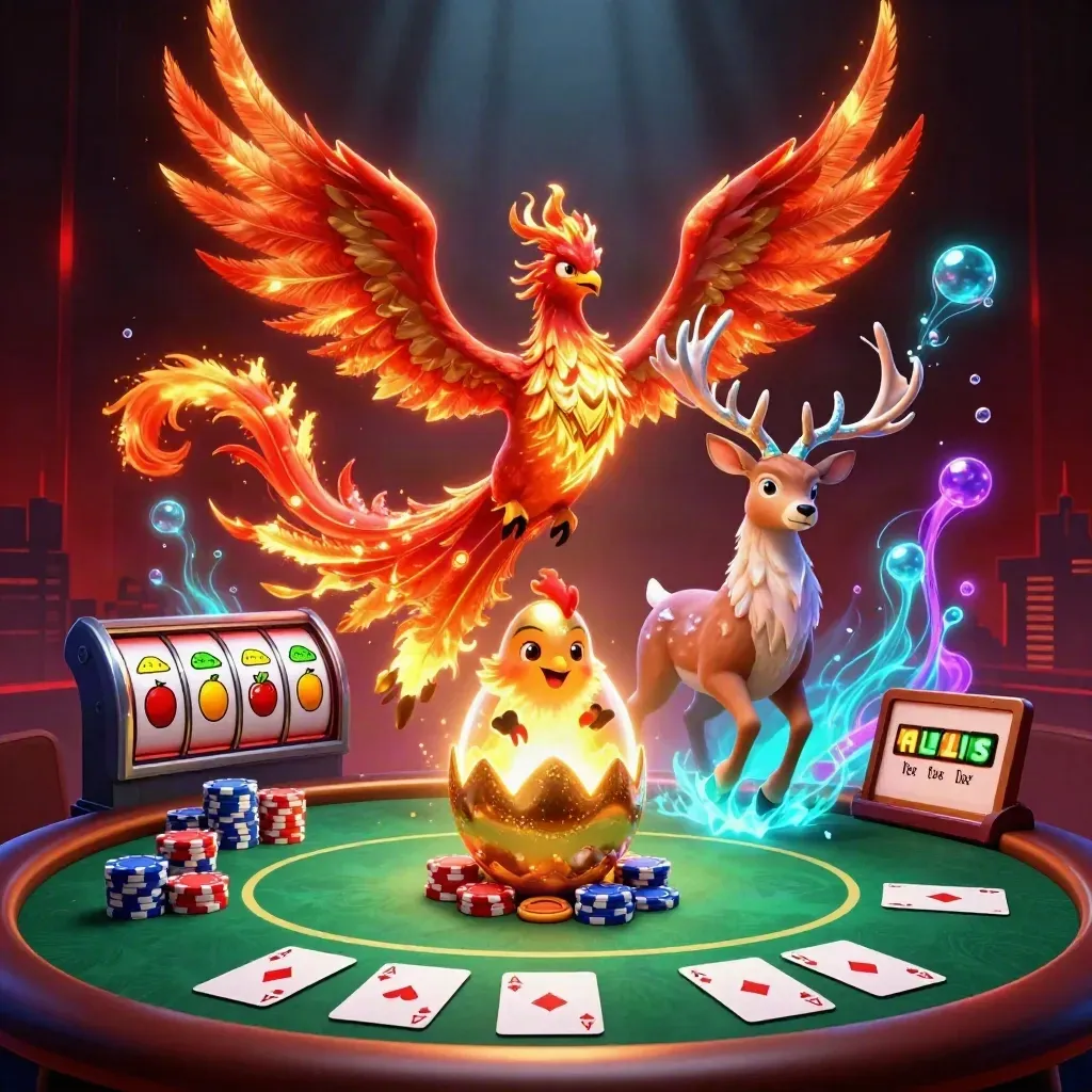 Phoenix, hatchling, and crystal stag amid casino chips, cards, and neon glow.