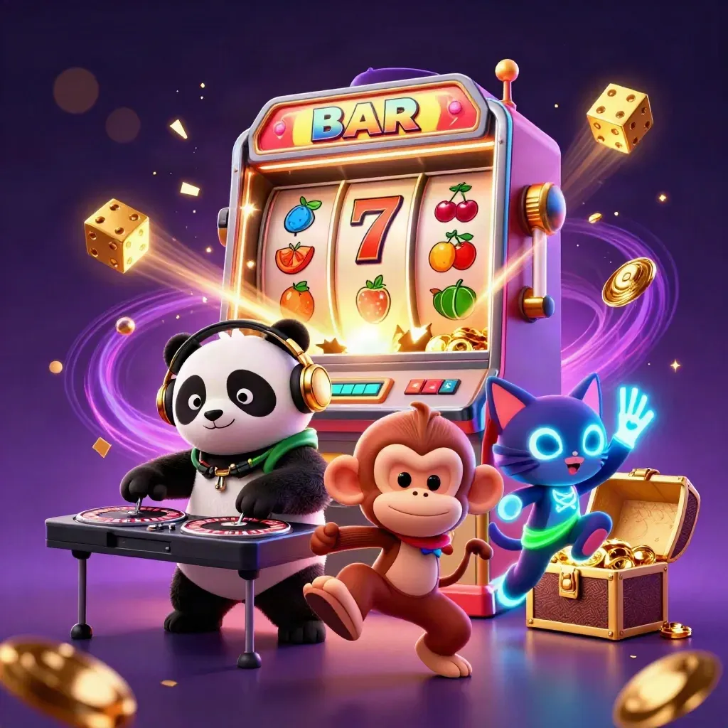 DJ panda, breakdancing monkey, and glow kitten amid slot machine jackpot effects