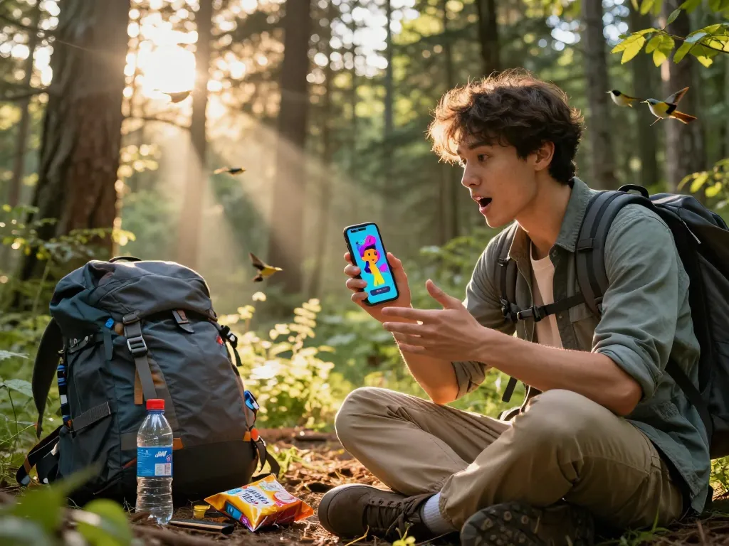 Interactive outdoor adventure with a user and a juicy ai character displayed on a smartphone amidst a forest setting.