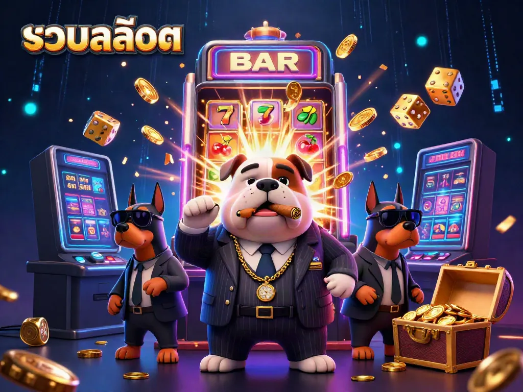Experience thrilling รวมสล็อต action with a 3D mafia boss and sleek game elements in a vibrant casino scene.
