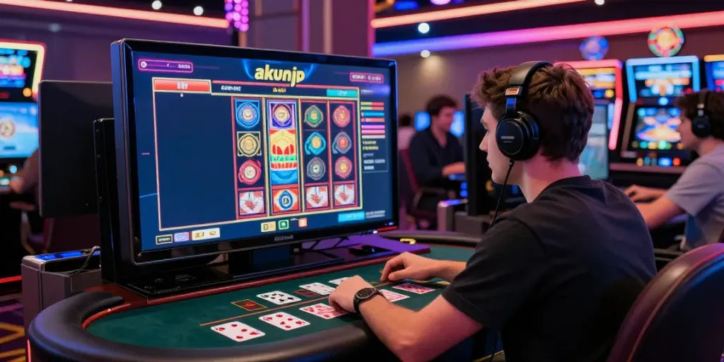 Player engaging with akunjp slot game on vibrant casino setup.