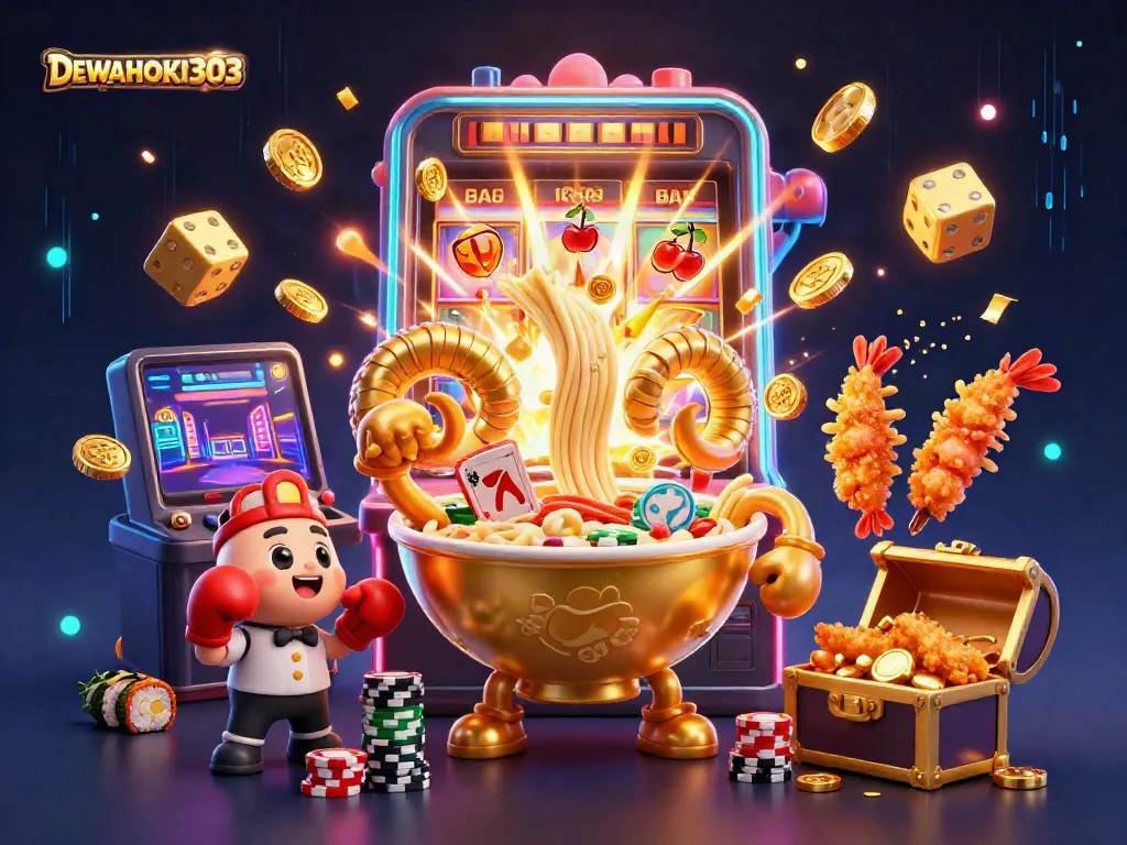 DEWAHOKI303 menampilkan ilustrasi kasino menarik dengan karakter kartun, slot, dan koin emas melimpah.