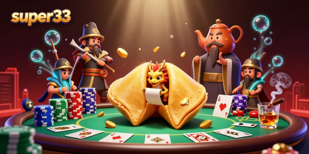 Engage with super33's thrilling gameplay as the wise dragon unveils its fortunes amidst a vibrant casino scene.