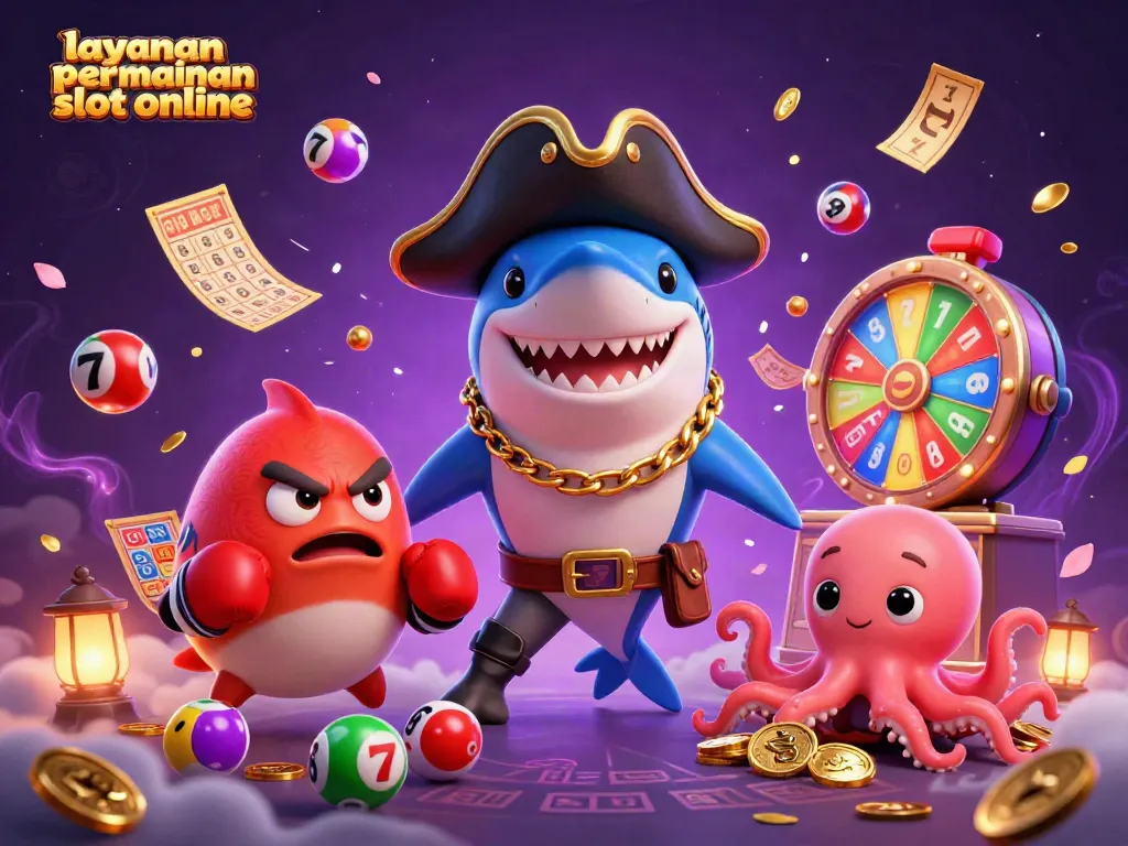 Layani permainan slot online dengan ilustrasi kartun 3D dan elemen kasino, menarik dan penuh warna.