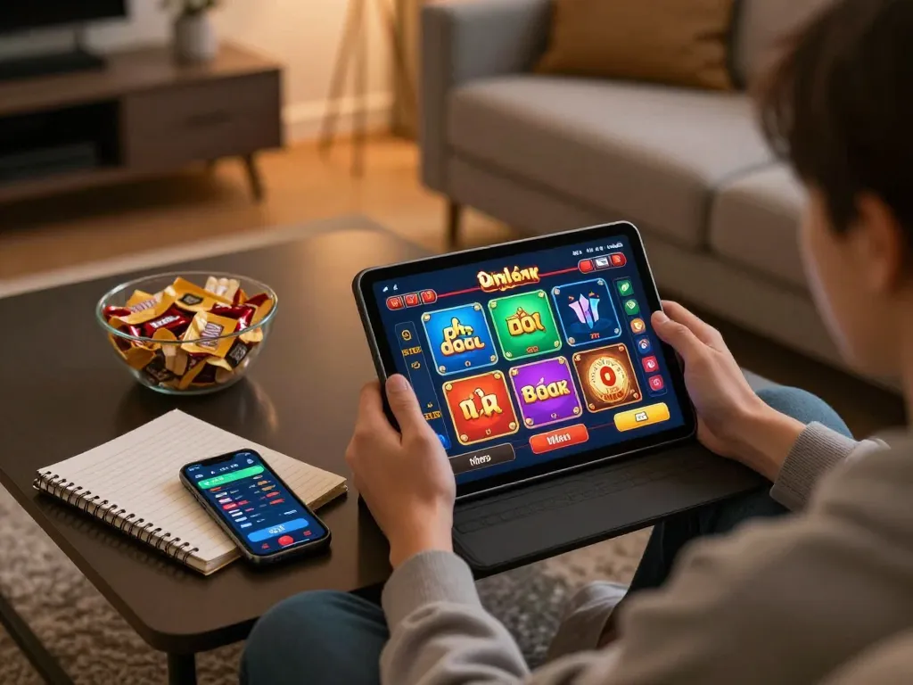 Engaged player exploring game bài đổi thưởng options on a tablet in a cozy home environment.