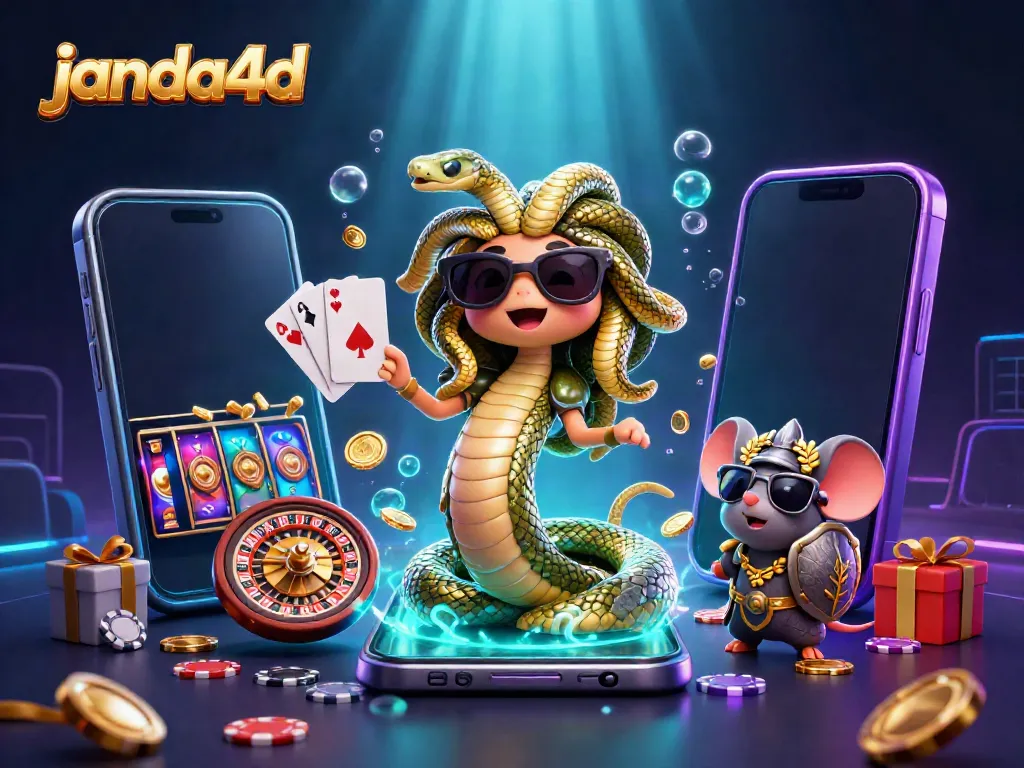 JANDA4D menghadirkan Medusa lucu dan mouse pejuang dalam ilustrasi kasino digital.
