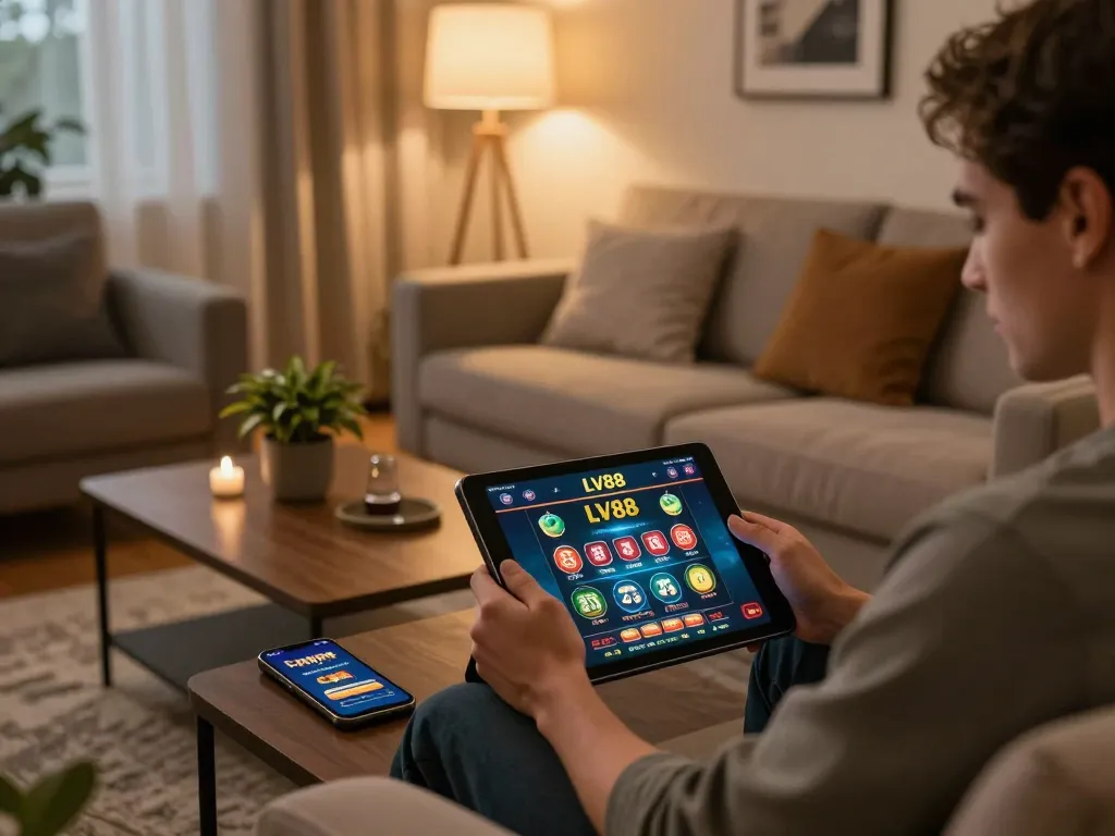 Players enjoying strategic gameplay on LV88's mobile app in a cozy modern setting.