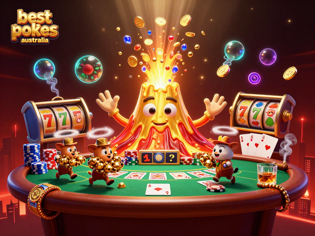 Play the best online pokies Australia in an exhilarating scene with a golden volcano and treasures.