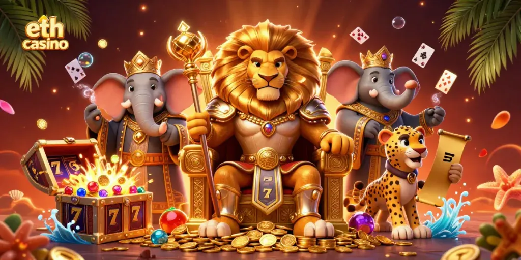 Experience the thrill of eth casino with a lion king on a throne amidst vibrant game elements.