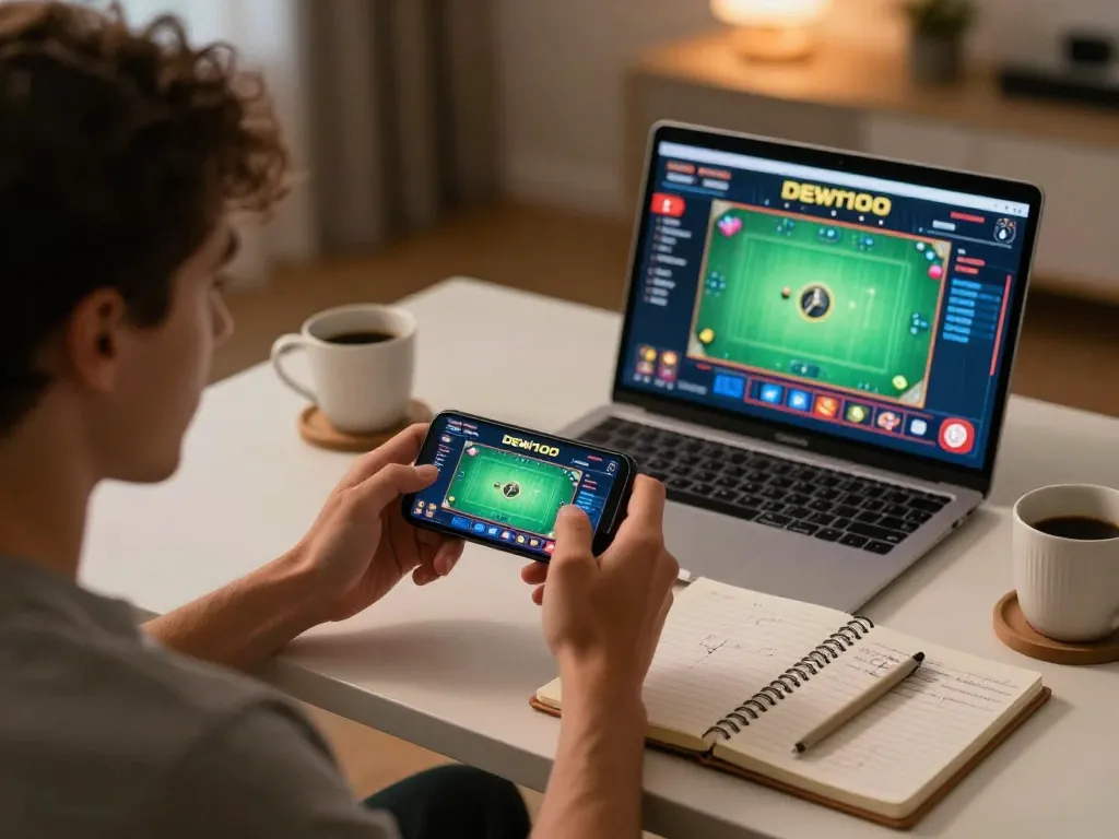 Menikmati permainan daring yang mendebarkan di dewi100 dengan smartphone dalam pengaturan meja yang nyaman.