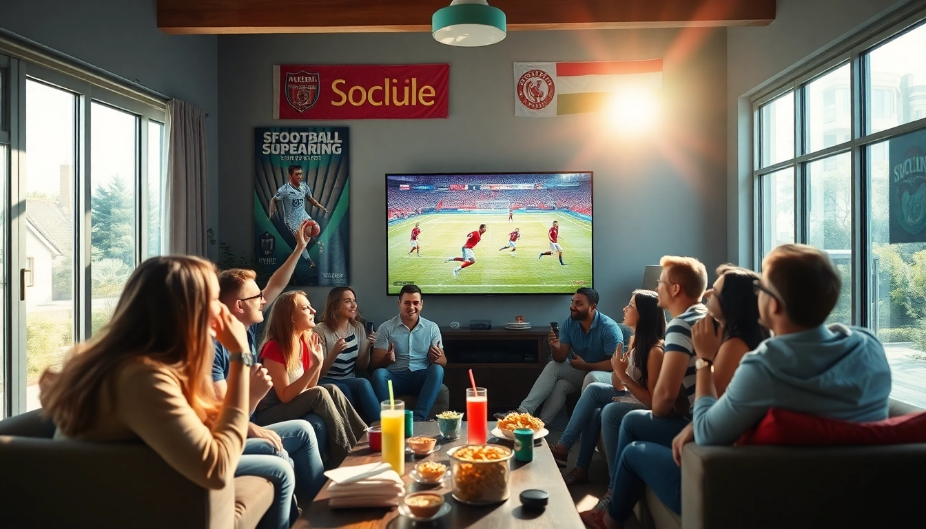 Socolive streaming event with fans enjoying live football in a vibrant living room.
